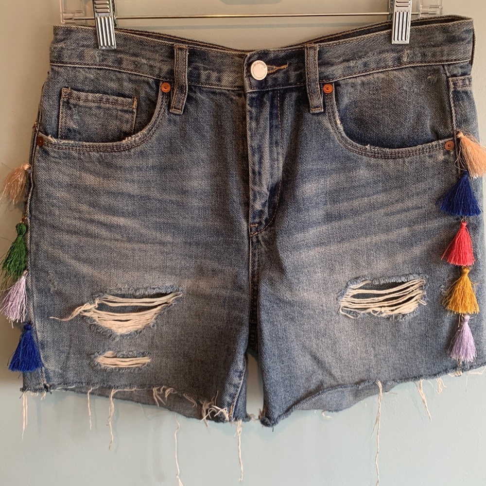 Blank NYC Hi Rise distressed 5 pocket tassel shorts size 27 flawed